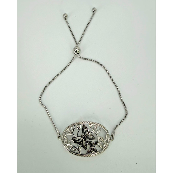 BRILLIANCE Charm Bracelet Marcasite Swarovski Butterfly Adjustable Silver Tone - Picture 1 of 5